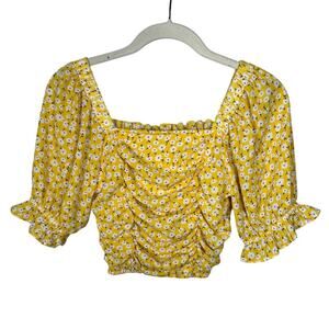 Altar'd State Yellow & White Floral Ruched Cropped Blouse Women's Small